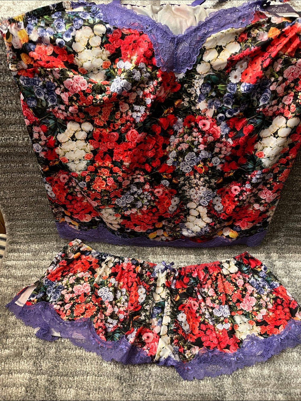 Lane Bryant Floral Satin Cami & Short Set in Red, Purple, White, Black